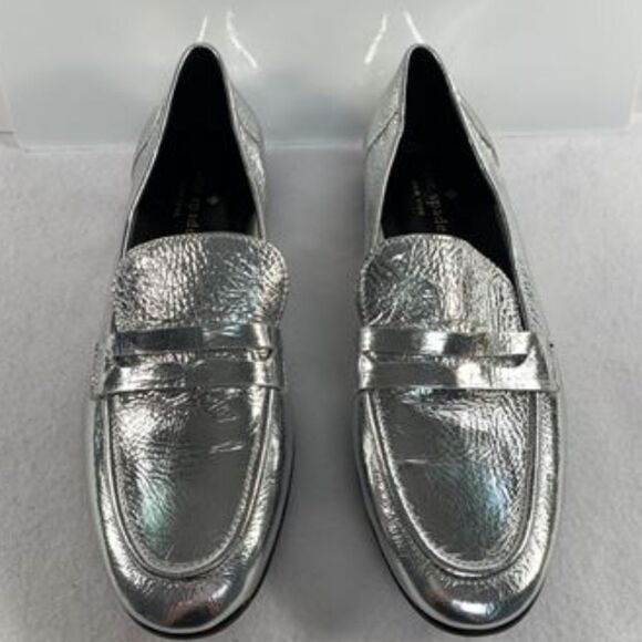 KATE SPADE 7 Loafers New York Metallic Silver Genevieve - Picture 1 of 6